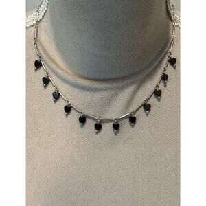 Sterling Silver 17” Bar Link Necklace With Black Heart Dangles 925